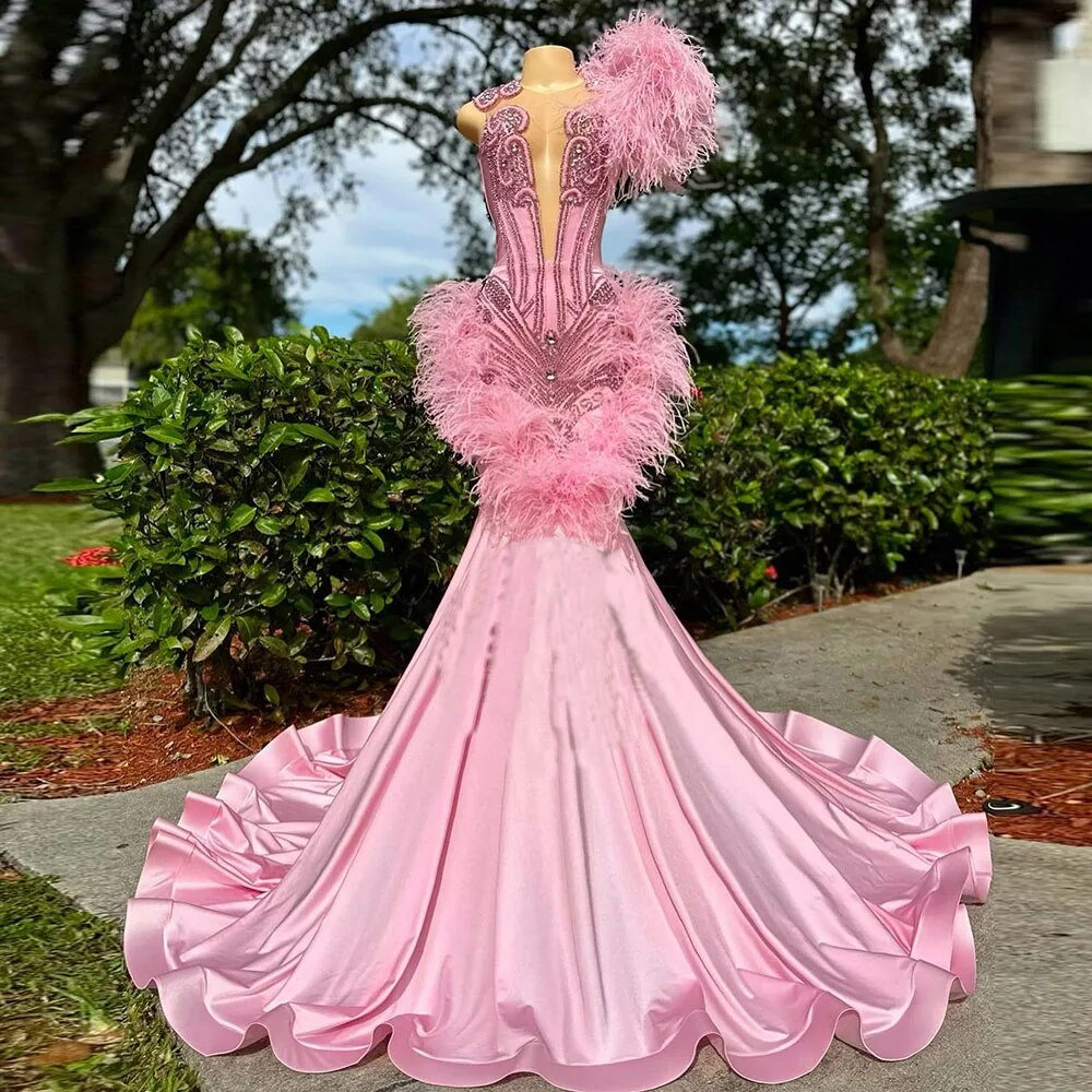 Luxury Pink Prom Dresses Mermaid With Feathers Diamond Mermaid Evening Gowns Gala African Women Party Dress