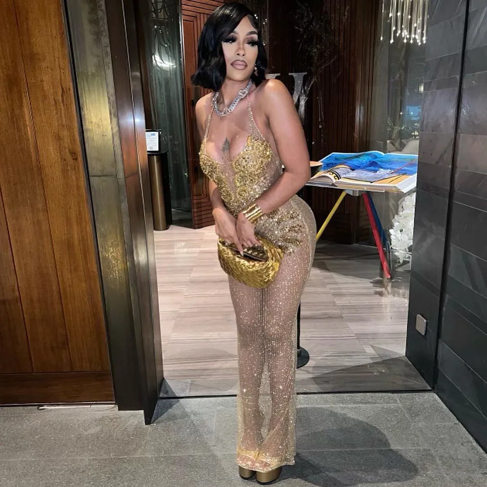 Sexy Gold Prom Dresses Halter Neck Sequin Party Gowns Gala African Women Evening Dress