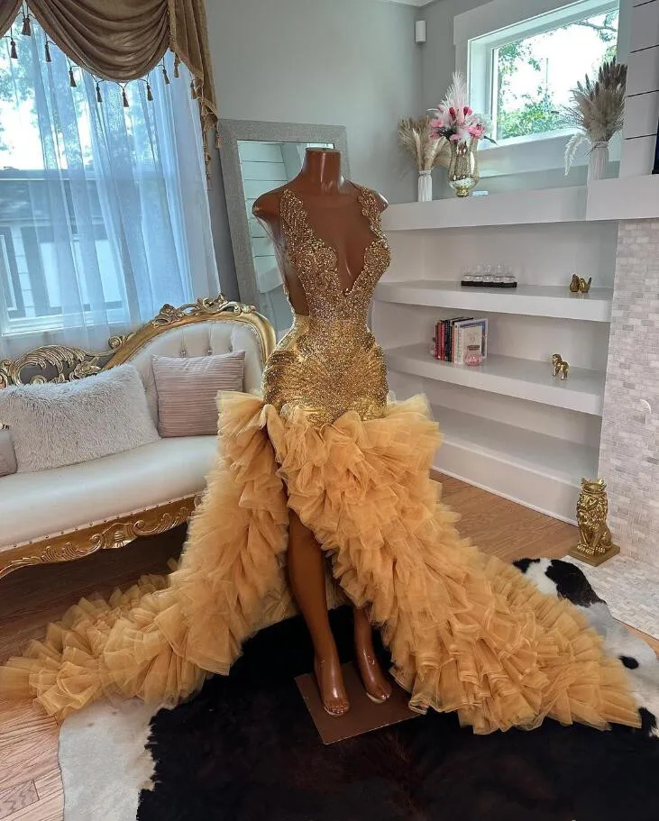 Gold High Low Black Girl Prom Dress for Women Sparkly Diamond Crystal Ruffles Skirt Mermaid Wedding Party Gown