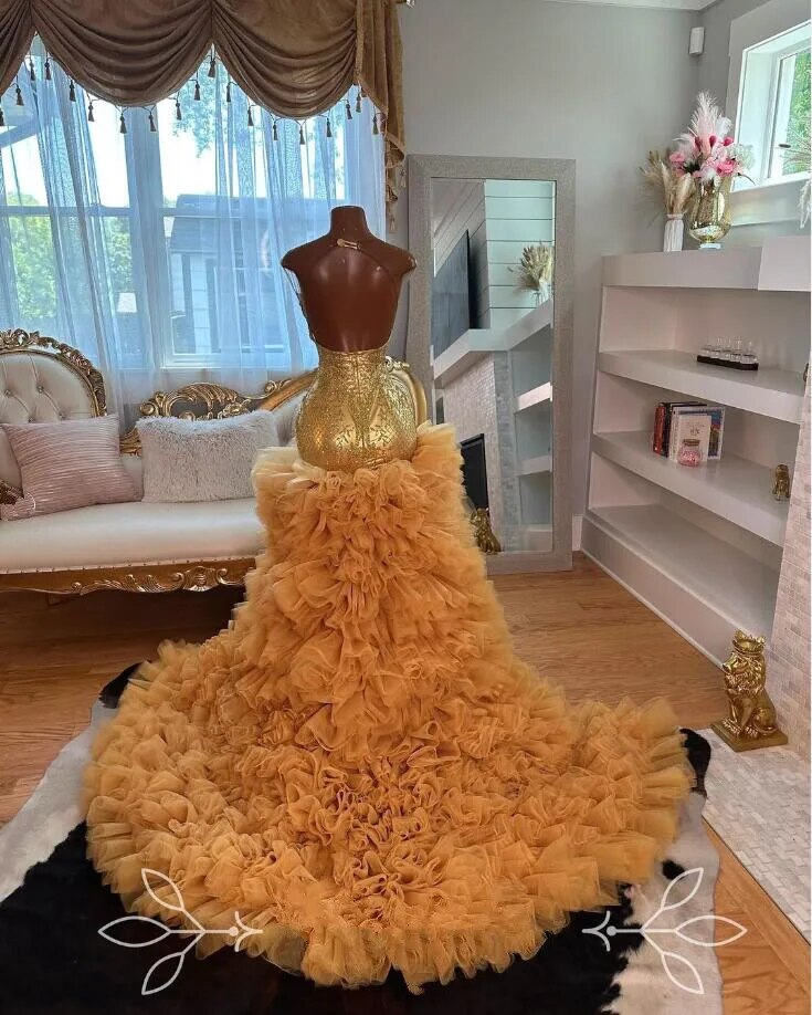 Gold High Low Black Girl Prom Dress for Women Sparkly Diamond Crystal Ruffles Skirt Mermaid Wedding Party Gown