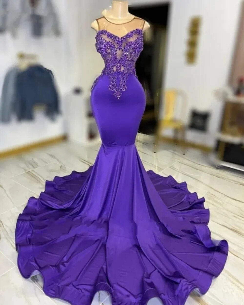 Purple O Neck Long Prom Dress Beaded Birthday Party Dresses Mermaid Evening Gowns Appliques