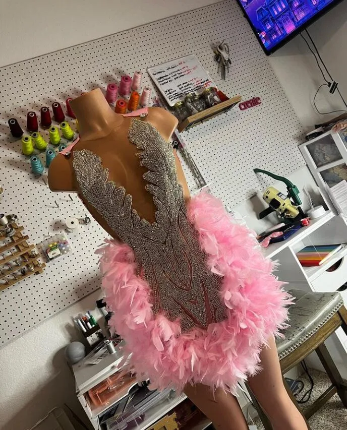Pink Feather Short Prom Homecoming Dresses Luxury Diamond Crystal Birthday Party Gown
