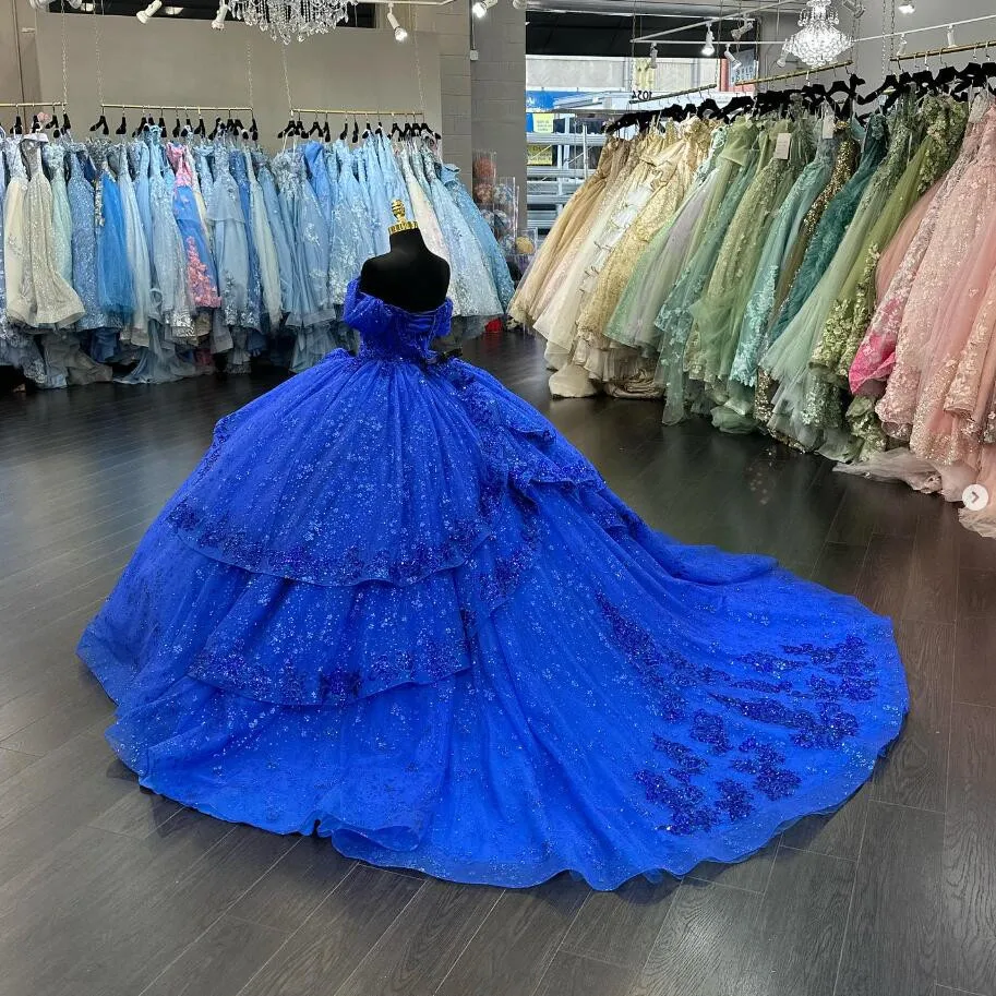 Royal Blue Sparkly Princess Quinceanera Dresses Off Shoulder Gillter Applique Corset