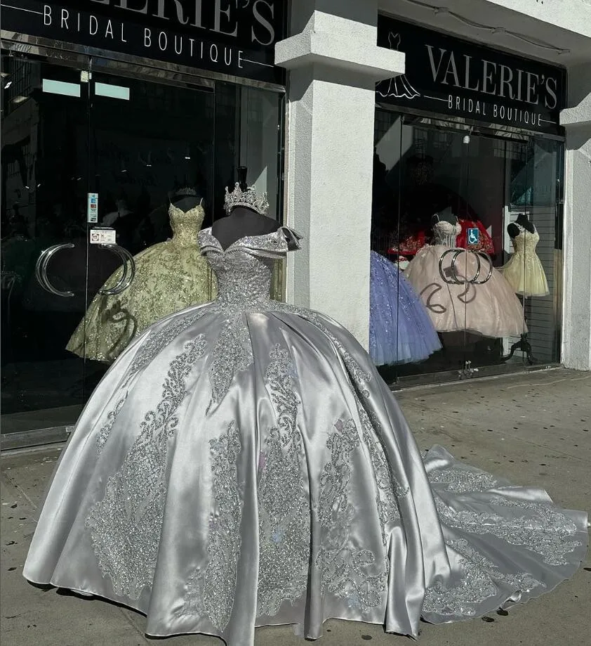 Silver Princess Luxury Quinceanera Dresses Off Shoulder Chapel Train Sparkly Crystal