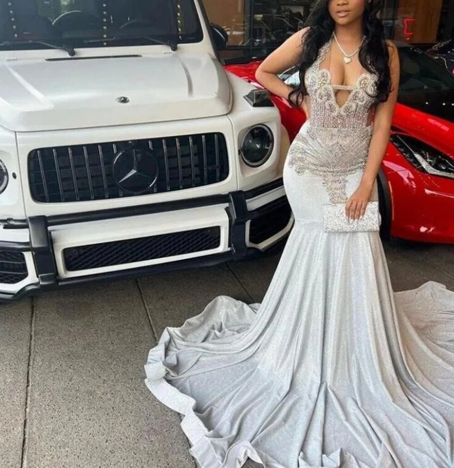 Beauty Contest Silver Crystal Queen Rhinestones Prom Dresses Luxury Designer Party Mermaid Black Girls