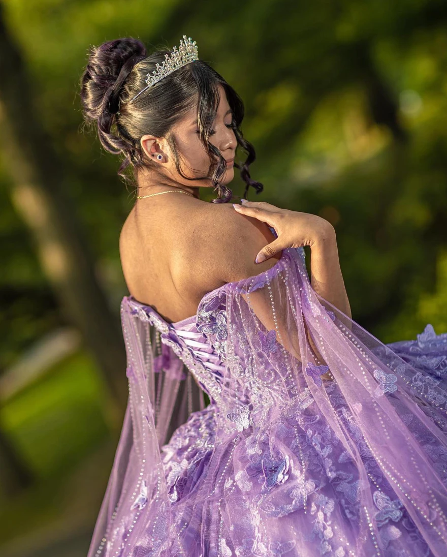 Mexico Ball Gown Purple Quinceanera Dress Sequin Beaded Flowers Appliques Sweet 16 Dress