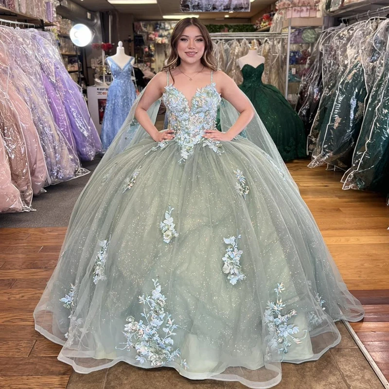 Green Shiny Spaghetti Strap Quinceanera Dress Appliques Sequined Lace Tull With Cape