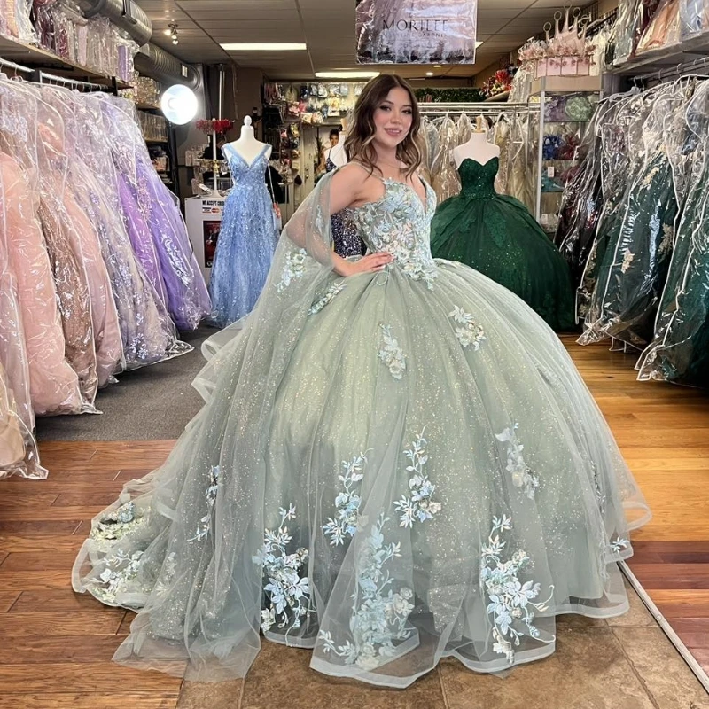 Green Shiny Spaghetti Strap Quinceanera Dress Appliques Sequined Lace Tull With Cape
