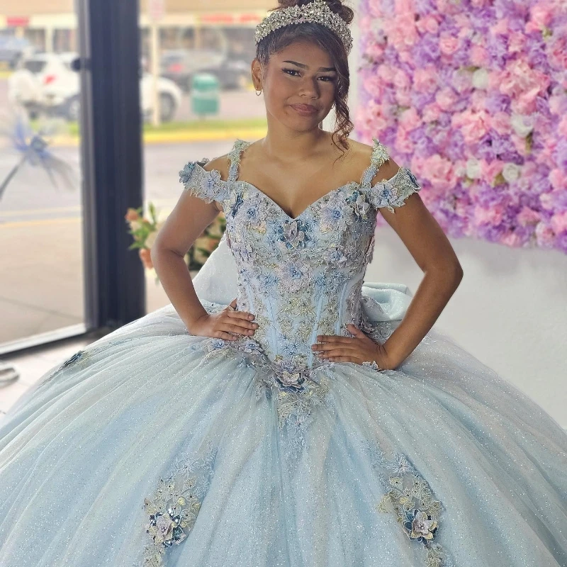 Sky Blue Quinceanera Dresses Sweet 15 16 Birthday Party Gown Off Shoulder Princess Long Pageant