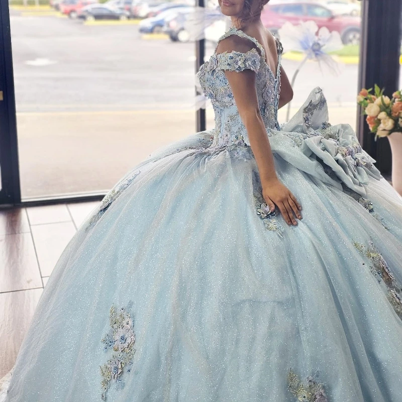 Sky Blue Quinceanera Dresses Sweet 15 16 Birthday Party Gown Off Shoulder Princess Long Pageant