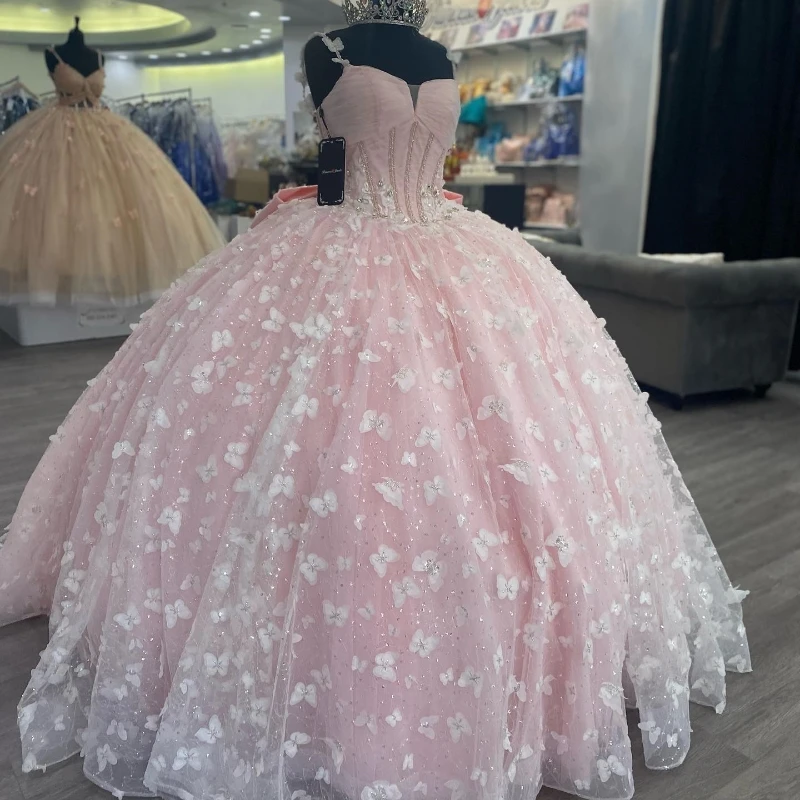 Pink Shiny Spaghetti Strap Princess Quinceanera Dresses Beads Crystal Bow Sweet Lace-Up 16 Dress