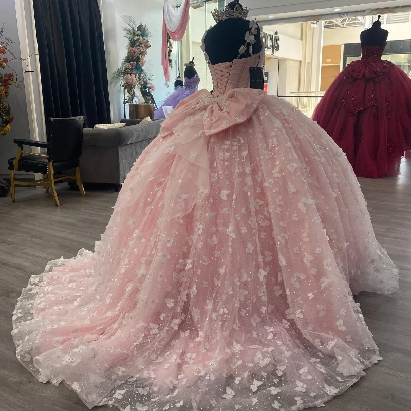 Pink Shiny Spaghetti Strap Princess Quinceanera Dresses Beads Crystal Bow Sweet Lace-Up 16 Dress
