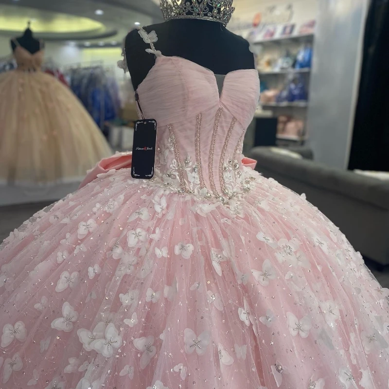 Pink Shiny Spaghetti Strap Princess Quinceanera Dresses Beads Crystal Bow Sweet Lace-Up 16 Dress