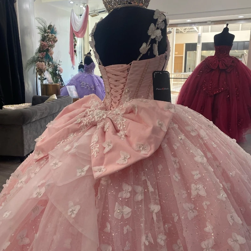 Pink Shiny Spaghetti Strap Princess Quinceanera Dresses Beads Crystal Bow Sweet Lace-Up 16 Dress