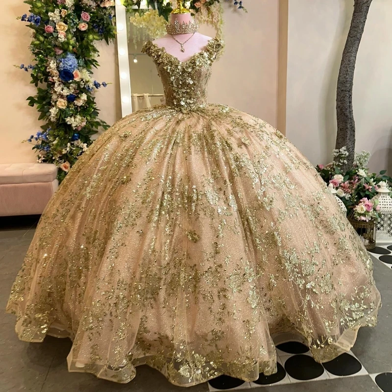 Sparkly Champagne Gold Ball Gown Quinceanera Dress Off The Shoulder Applique Bead Birthday Party Sweet