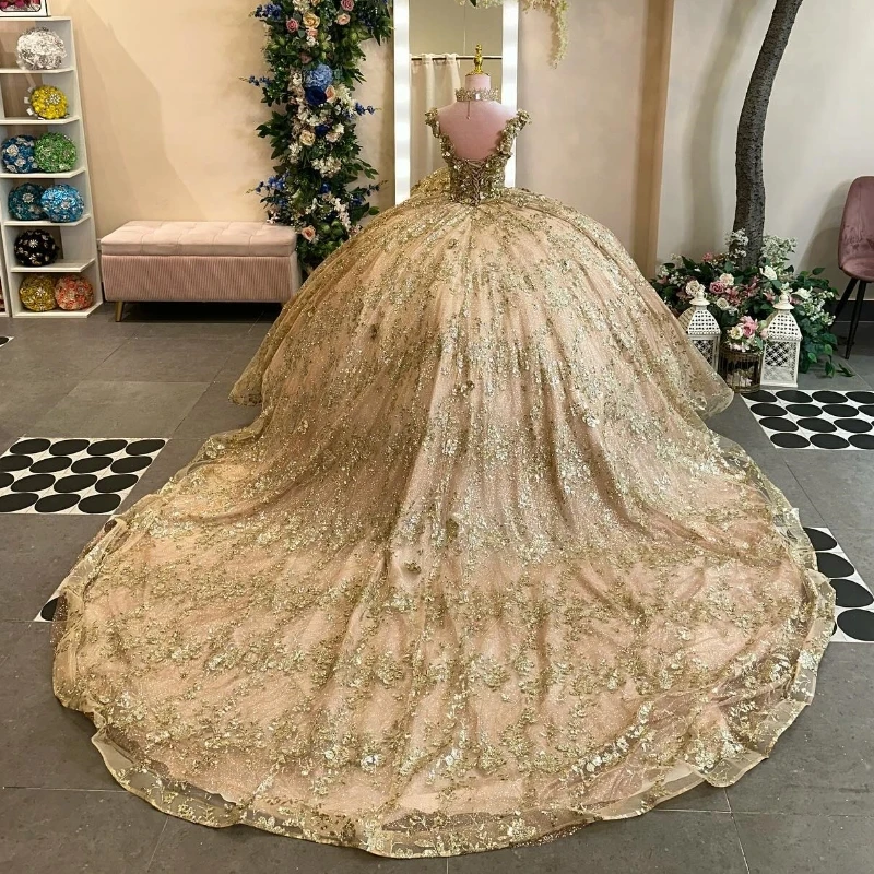 Sparkly Champagne Gold Ball Gown Quinceanera Dress Off The Shoulder Applique Bead Birthday Party Sweet