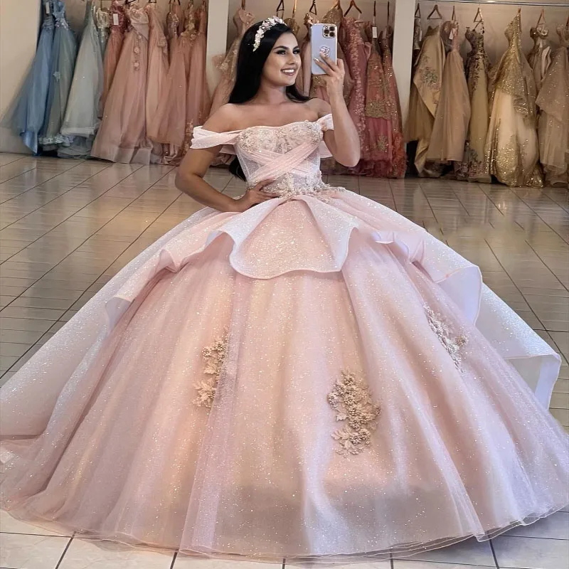 Eleagnt Pink Quinceanera Dress Glitter Applique Beading Sweet 16 Birthday Party Dress