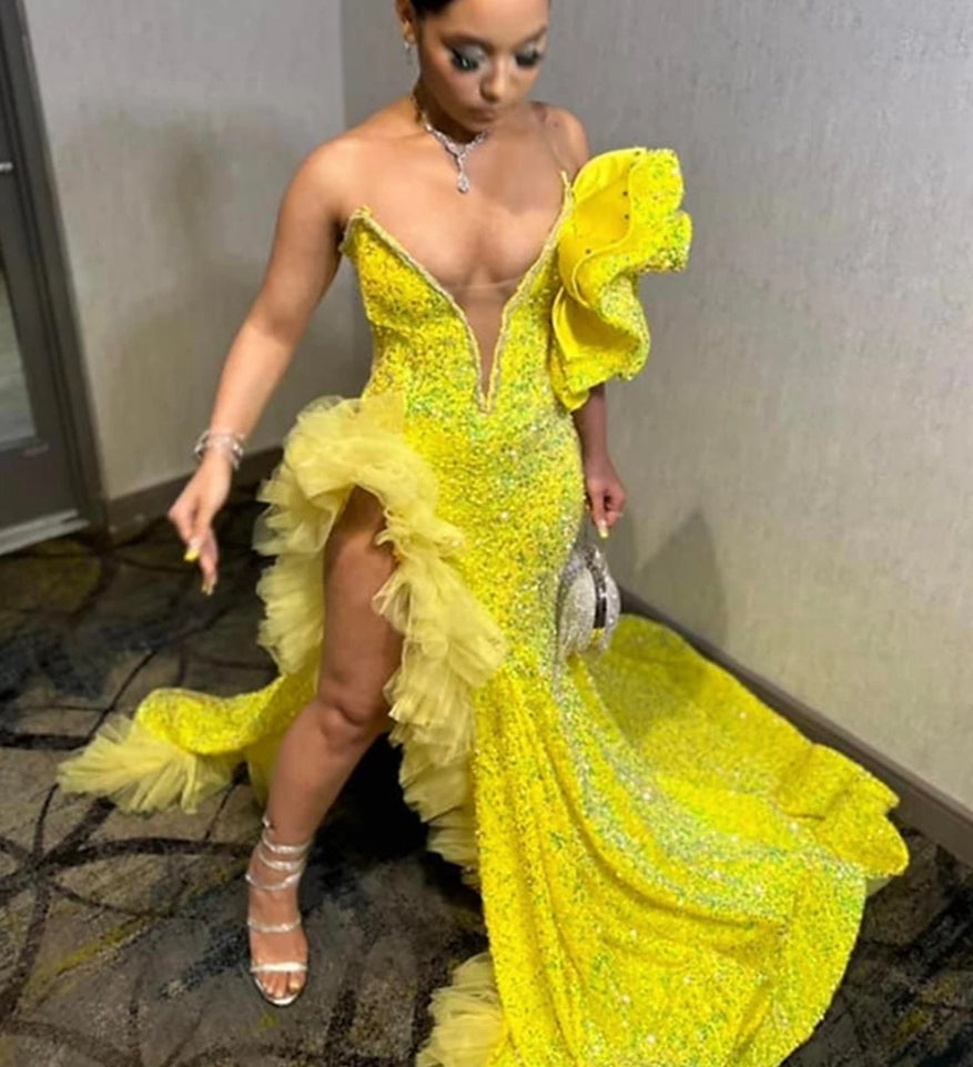 Yellow Sequin Ruffels Ruched High Split Prom Dresses Stunning Sexy Black Girls Birthday Party Gown