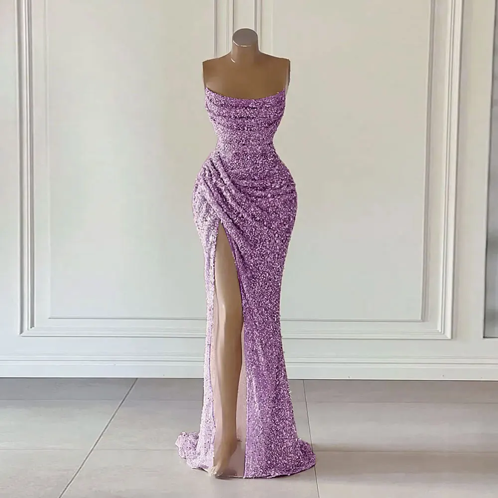 Red Lace Sequins Prom Dresses Women Sexy African Mermaid Evening Gowns Long Sleeves V Neck See Through Party Dress