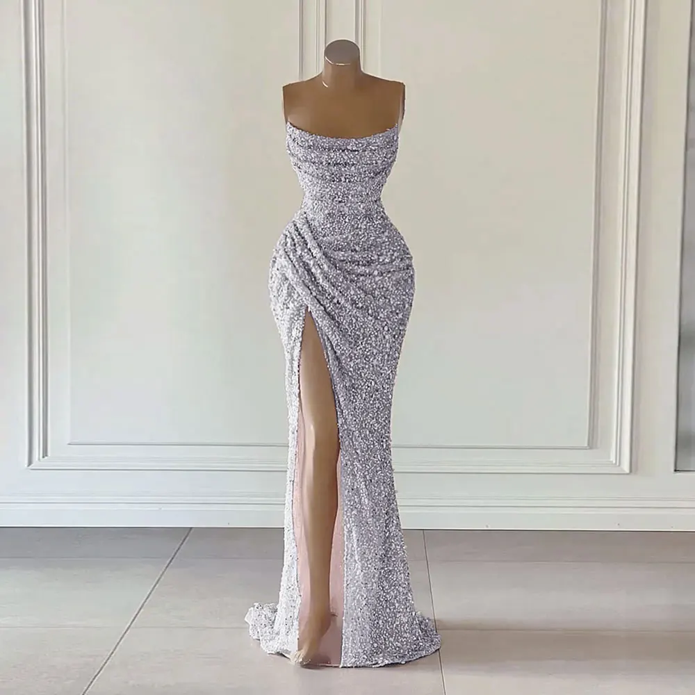 Red Lace Sequins Prom Dresses Women Sexy African Mermaid Evening Gowns Long Sleeves V Neck See Through Party Dress