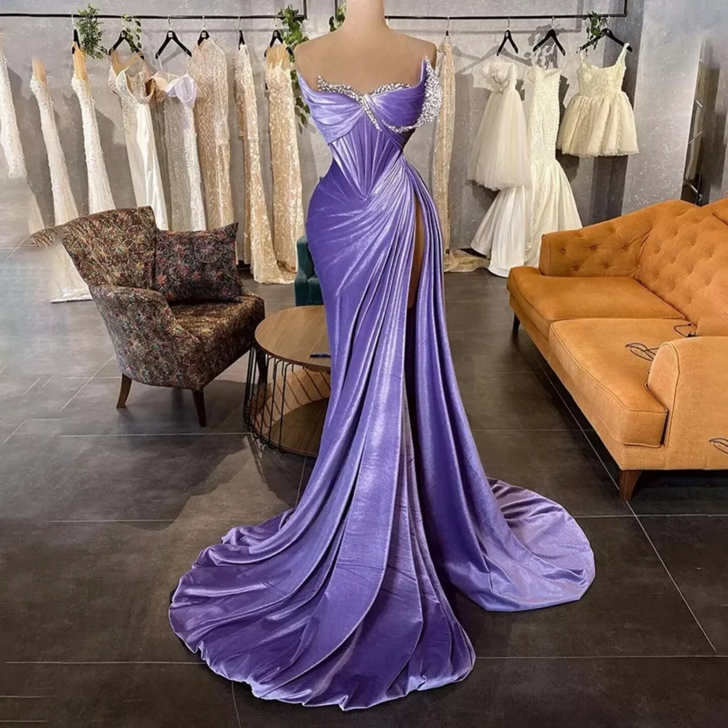 Lavender Elegant Velvet Prom Dresses Mermaid Women Party Gowns Pleated High Split Sexy Formal Evening Gowns