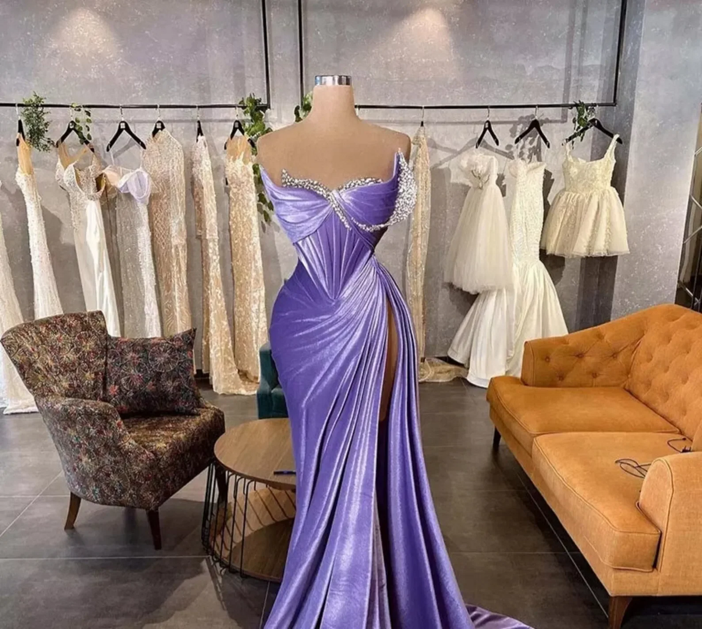 Lavender Elegant Velvet Prom Dresses Mermaid Women Party Gowns Pleated High Split Sexy Formal Evening Gowns