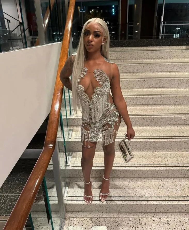 Silver Diamond Mini Evening Cocktail Dresses for Black Girl Luxury Diamond Tassel Sheer Mesh Birthday Party Gala Dress
