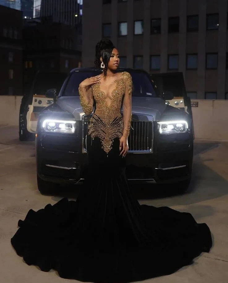 Black Velvet Long Sleeve Trumpet Prom Dresses For African Women With Gold Crystal Beaded Sheer Mesh Birthday Gown