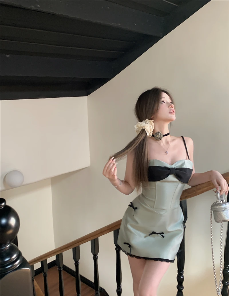 Color Bow Patchwork Sweet Sling Dress Women Summer New Off-shoulder Sexy Slim Lace Splicing Mini Dress