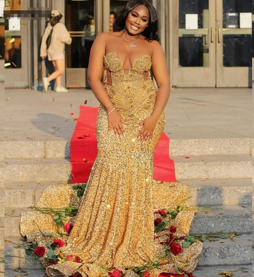 Gold Sequins Mermaid Prom Dress For Black Girls Crystal Rhinestone Beaded Party Gala Gown