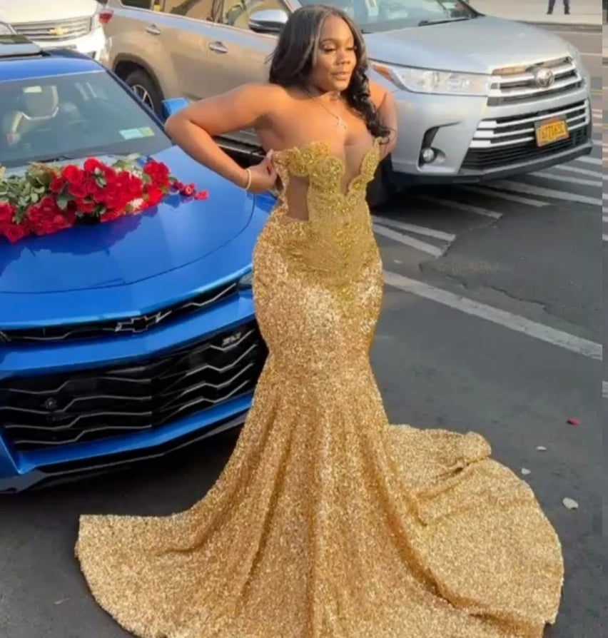 Gold Sequins Mermaid Prom Dress For Black Girls Crystal Rhinestone Beaded Party Gala Gown