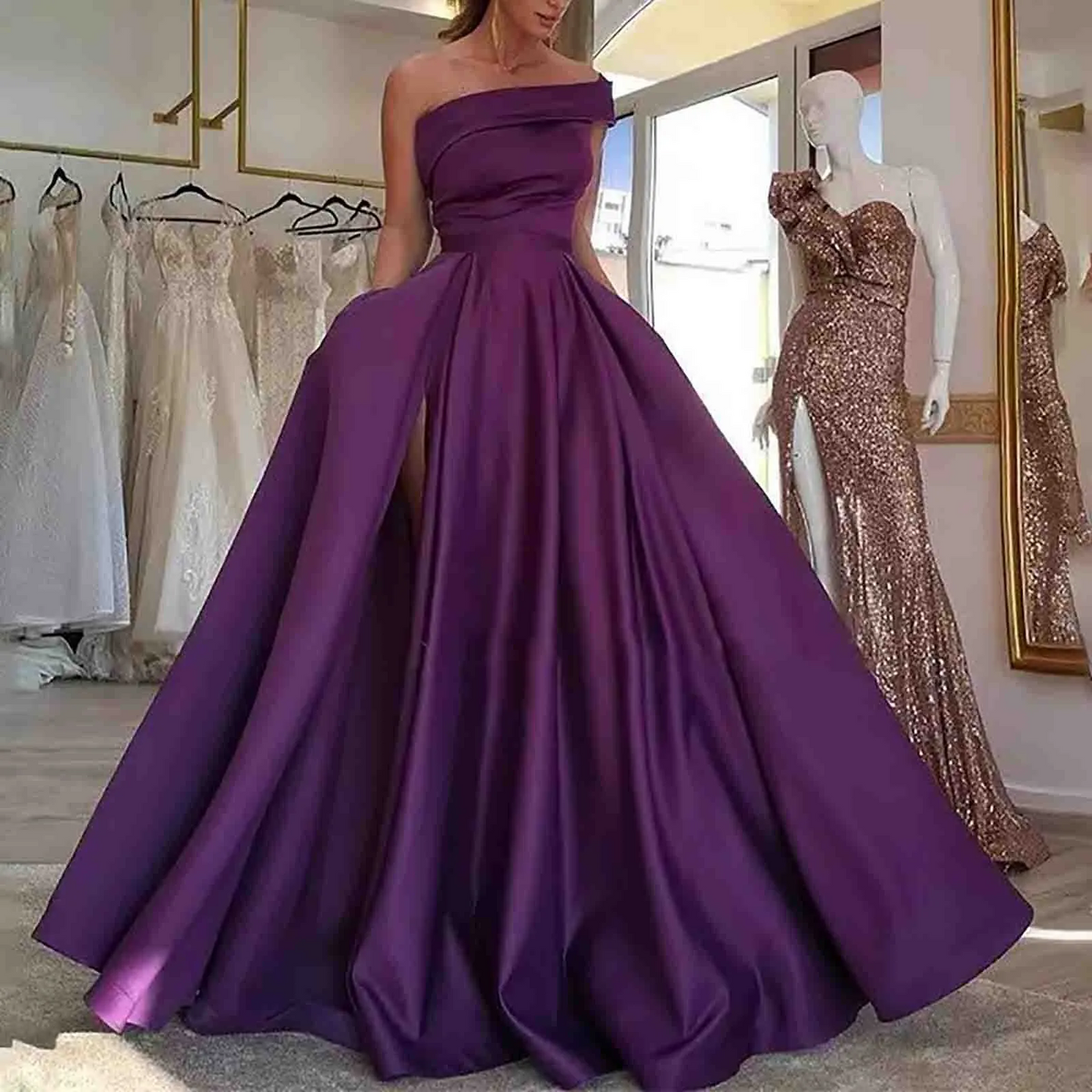 Dresses For Women One Shoulder Floor Length Side Slit Solid Color Sleeveless Elegant Party Dresses Prom Evening Dress
