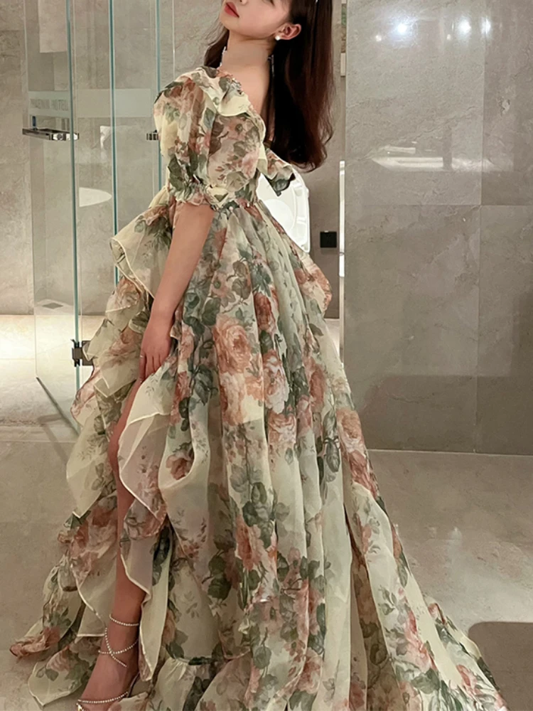 Print Floral France Vintage Dress Women Open Fork Elegant Evening Party Midi Dress Puff Sleeve Korea Sweet Dress Female