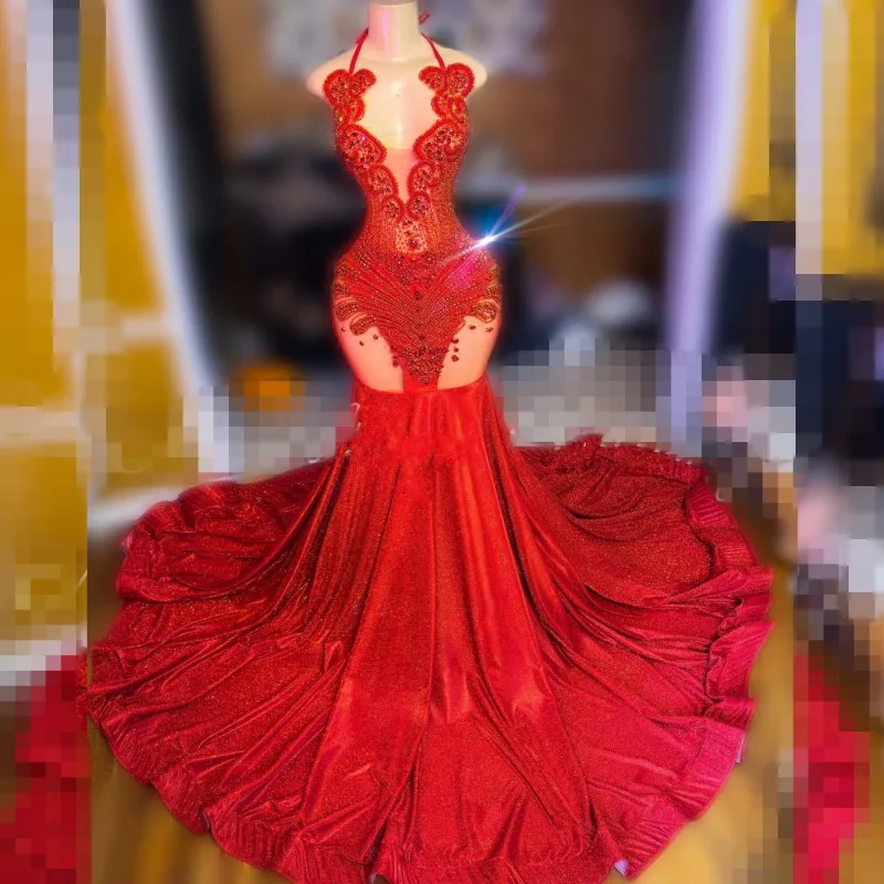 Luxury Red Prom Dresses For Black Girls Rhinestone Mermaid Party Gowns Halter Sequin Crystal