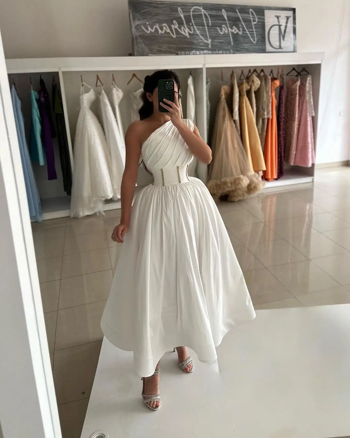Elegant One-Shoulder Evening Dress A-Line Ruched Tea Length Satin Prom Dress High Quality