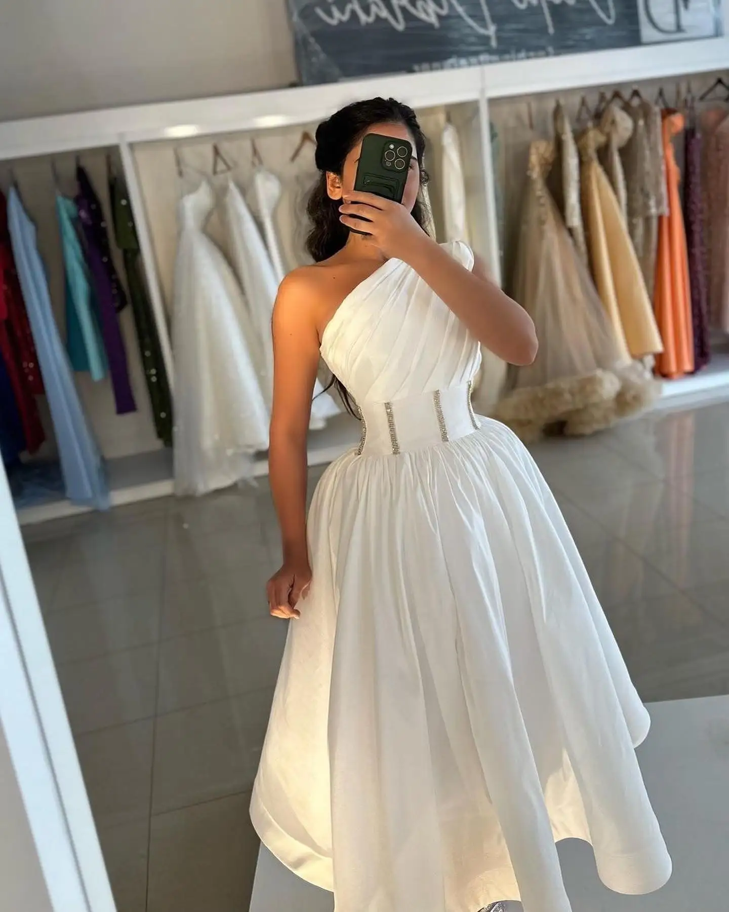 Elegant One-Shoulder Evening Dress A-Line Ruched Tea Length Satin Prom Dress High Quality