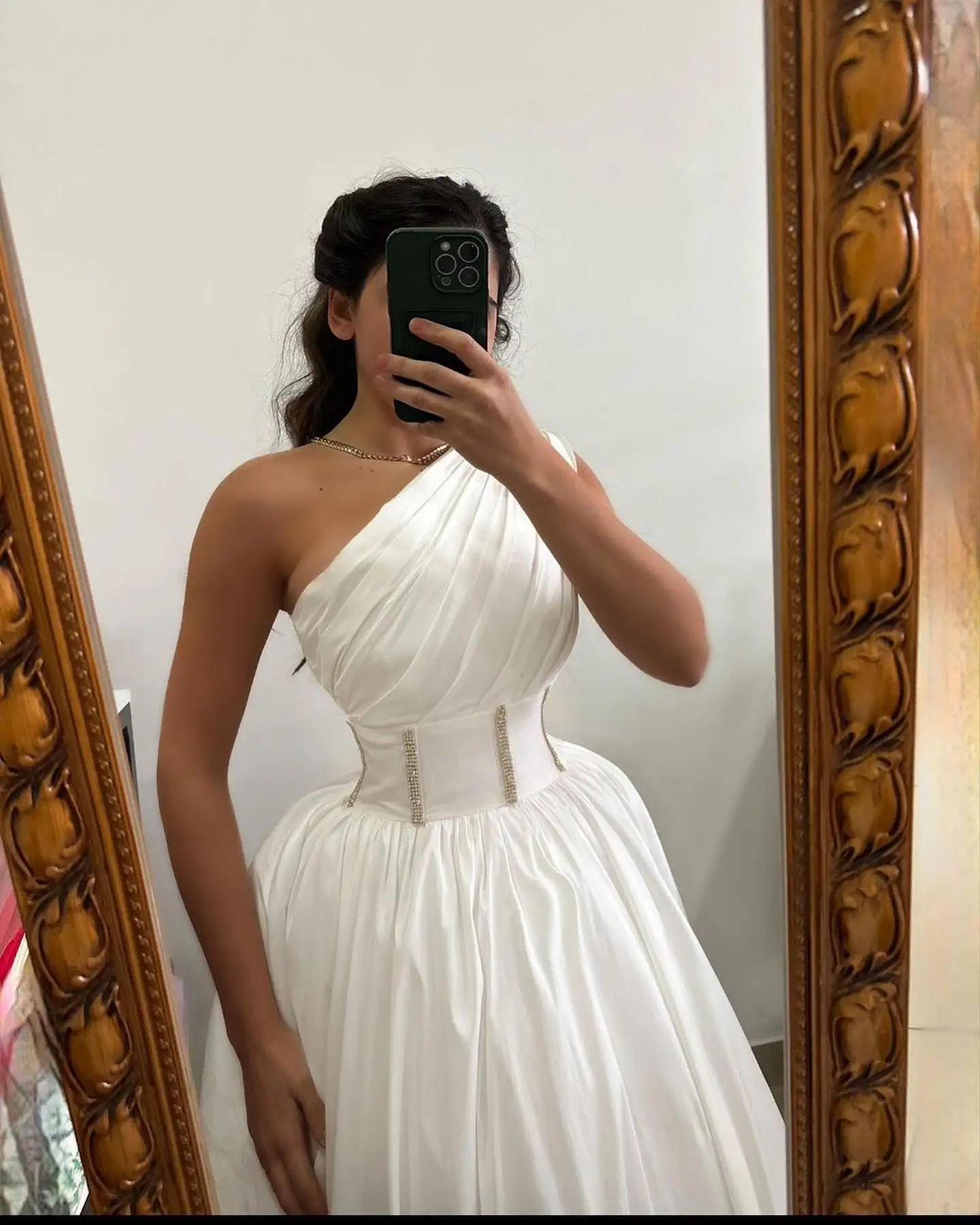 Elegant One-Shoulder Evening Dress A-Line Ruched Tea Length Satin Prom Dress High Quality