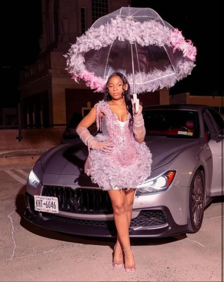 8th Grade Formal 12th Grade Prom Dress Pink Luxury Crystal Feather Birthday Homecoming Gown