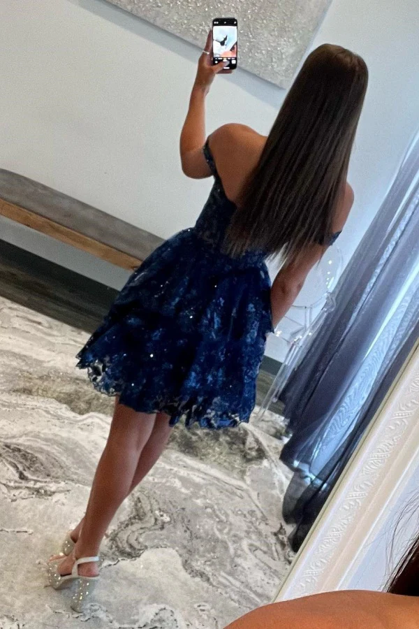 A-Line Off Shoulder Sequins Lace Appliques Tiered Homecoming Dress