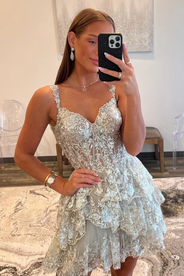 A-Line Sweetheart Neck Straps Sequins Lace Appliques Tiered Homecoming Dress