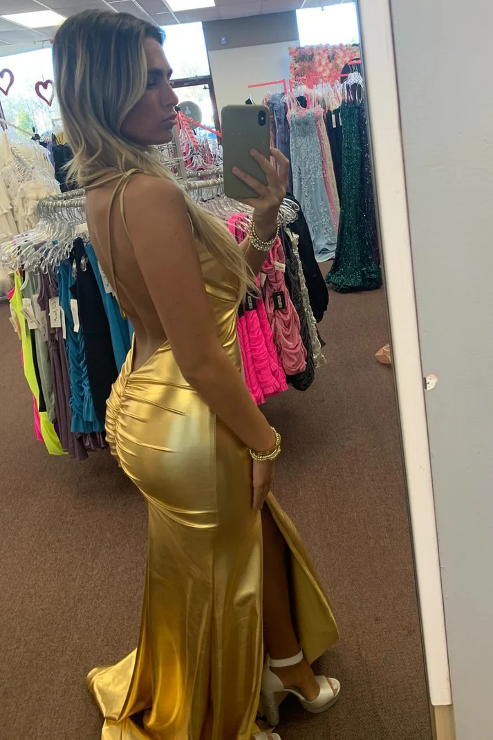 Mermaid Low V Neck Halter Sleeveless Pleated Open Back Side Slit Prom Dress