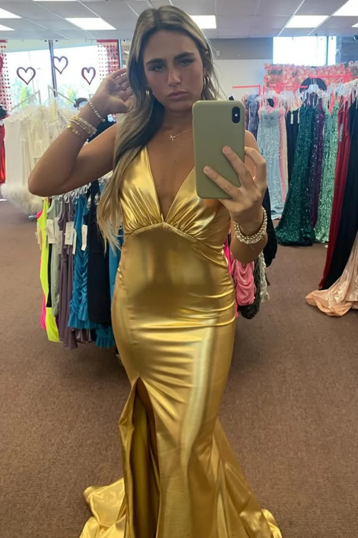 Mermaid Low V Neck Halter Sleeveless Pleated Open Back Side Slit Prom Dress