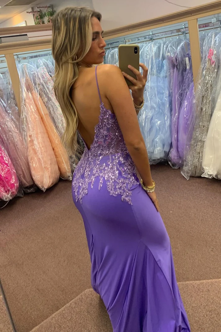 Mermaid V Neck Spaghetti Sytaps Sleeveless Beaded Sequins Appliques Open Back Prom Dress