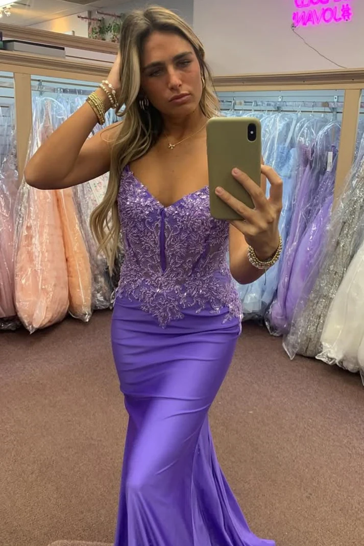 Mermaid V Neck Spaghetti Sytaps Sleeveless Beaded Sequins Appliques Open Back Prom Dress