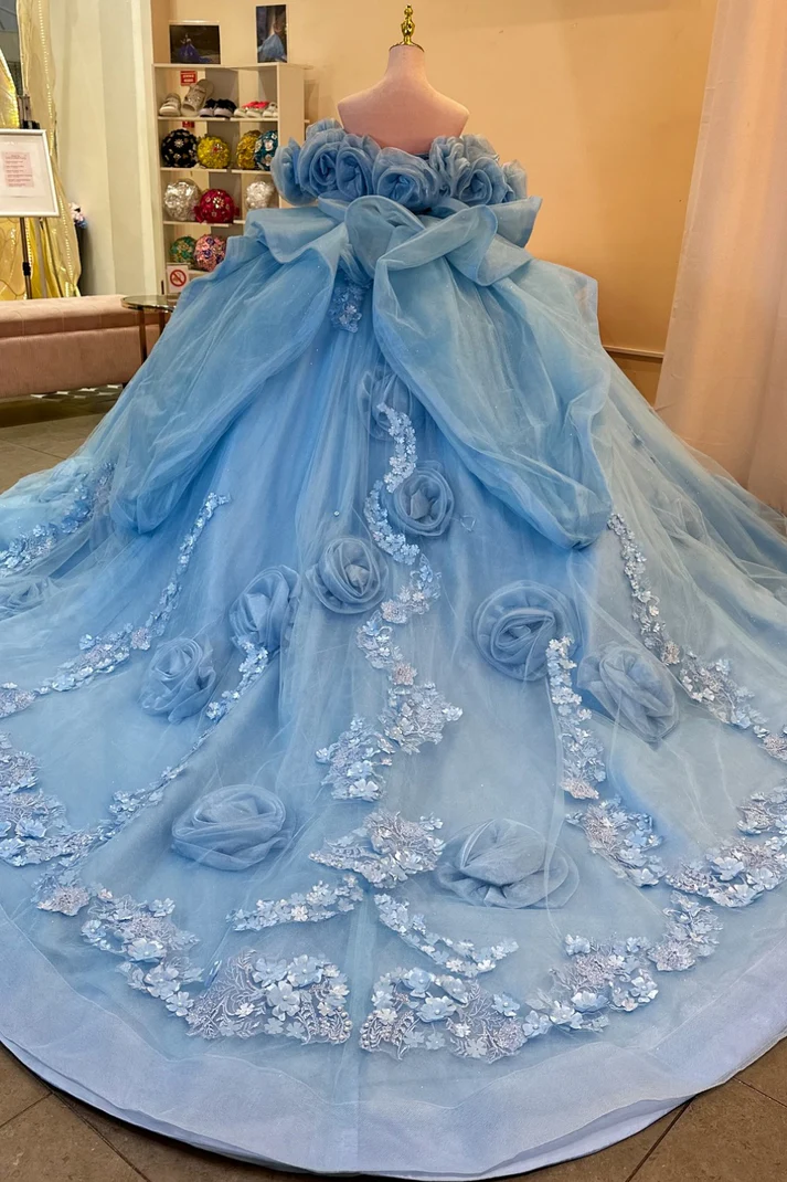 Off Shoulder Sleeveless Beaded Appliques Ruffles Blue Sweet 15 Quinceañera Dress