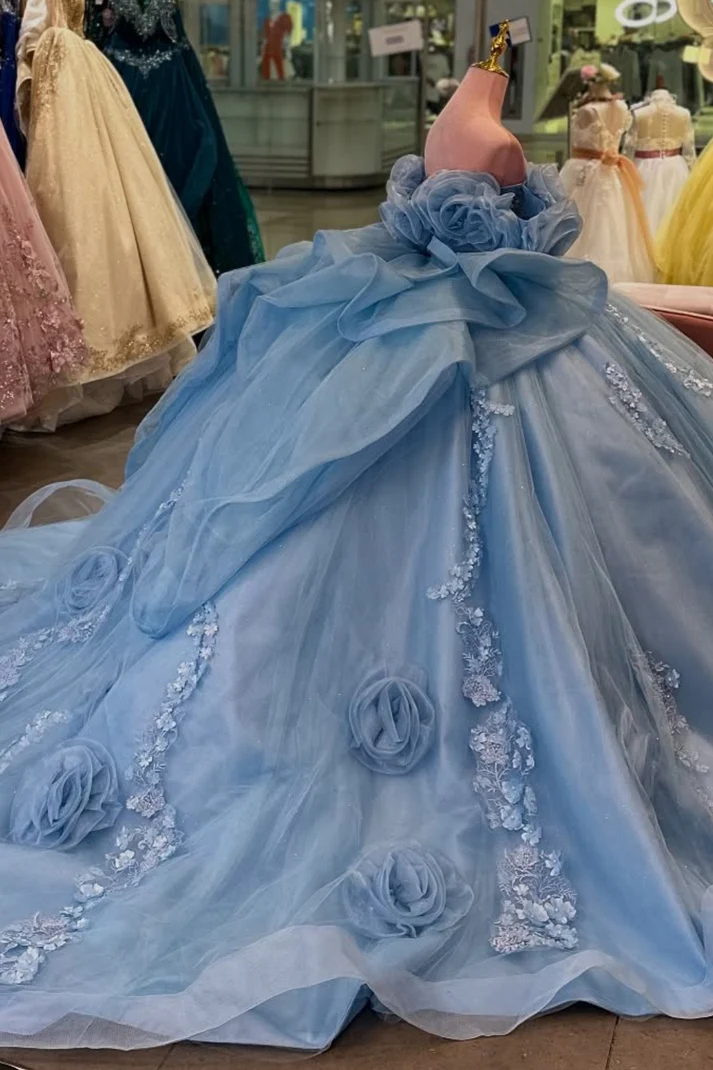 Off Shoulder Sleeveless Beaded Appliques Ruffles Blue Sweet 15 Quinceañera Dress