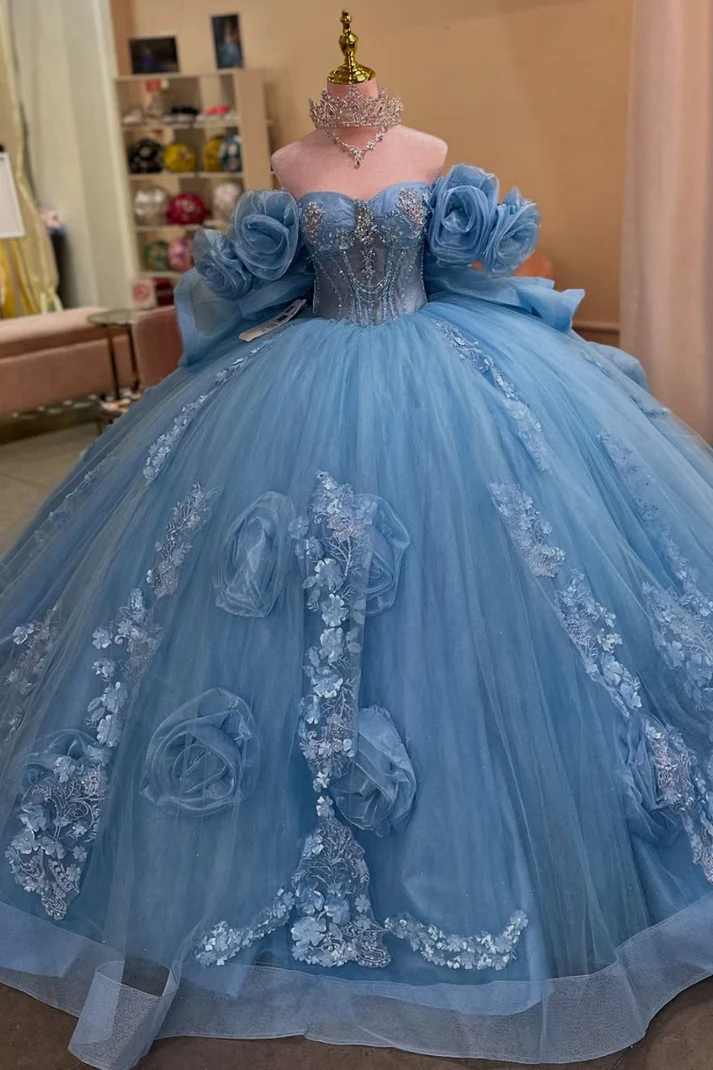 Off Shoulder Sleeveless Beaded Appliques Ruffles Blue Sweet 15 Quinceañera Dress