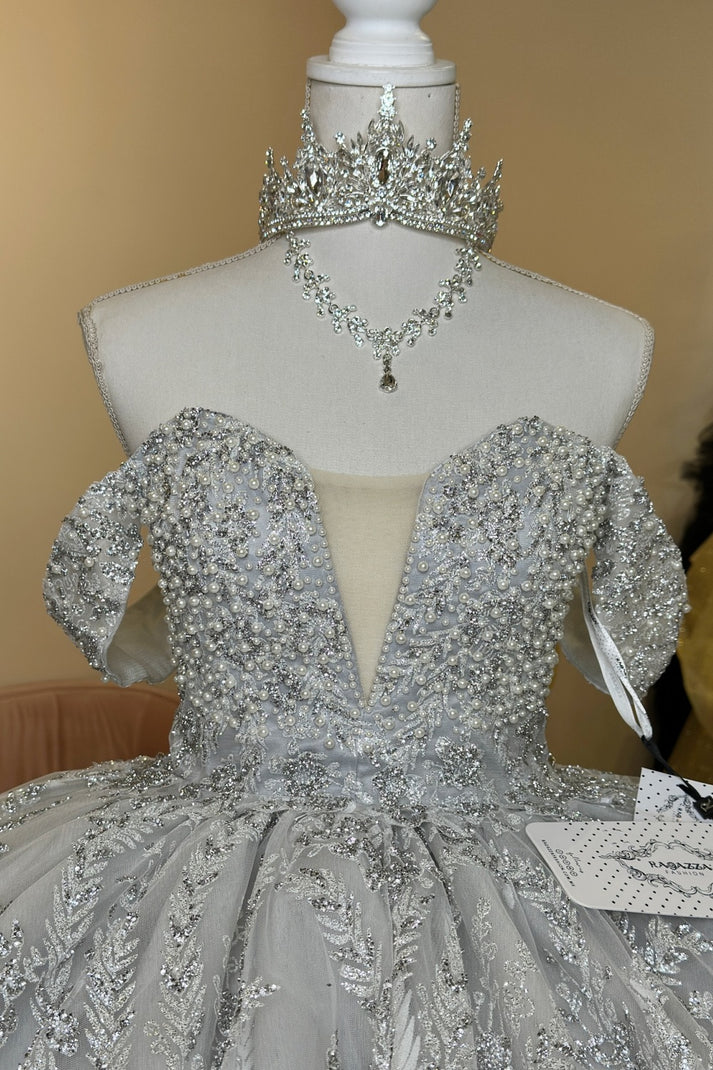 Off Shoulder Sleeveless Beaded Appliques Ruffles Silver Sweet 15 Quinceañera Dress