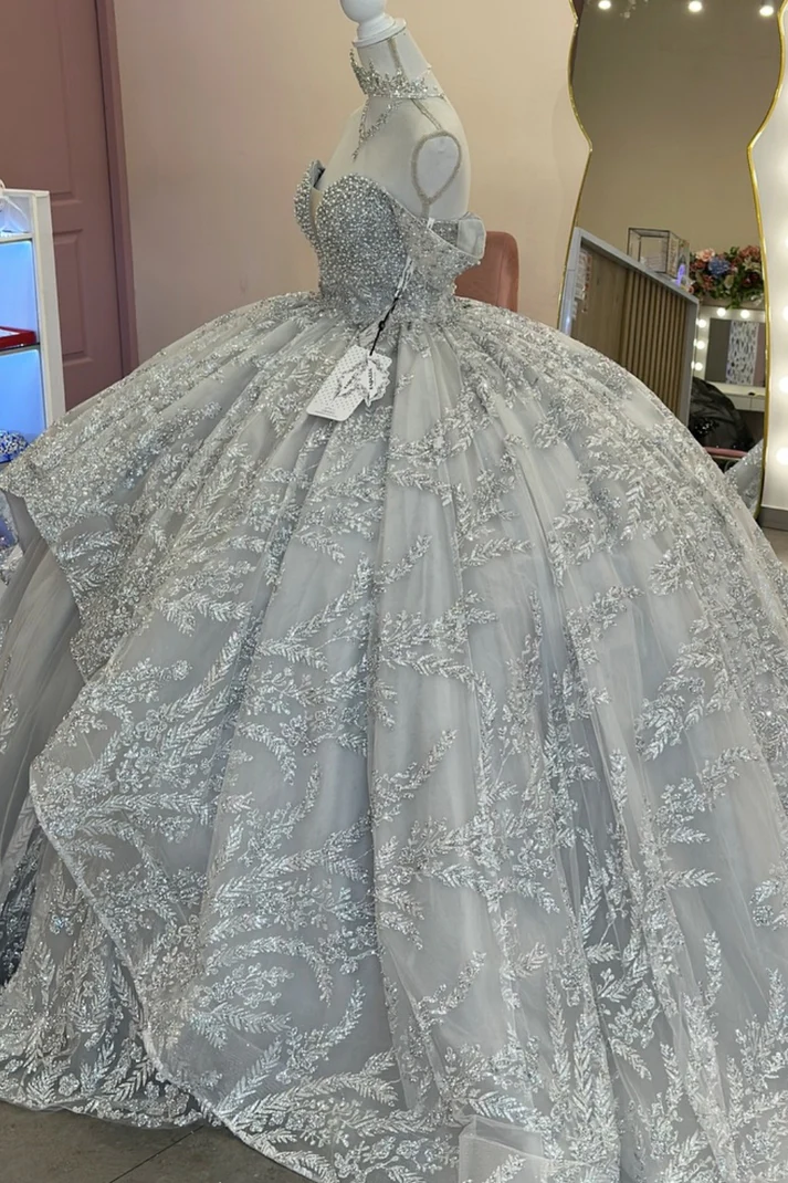 Off Shoulder Sleeveless Beaded Appliques Ruffles Silver Sweet 15 Quinceañera Dress