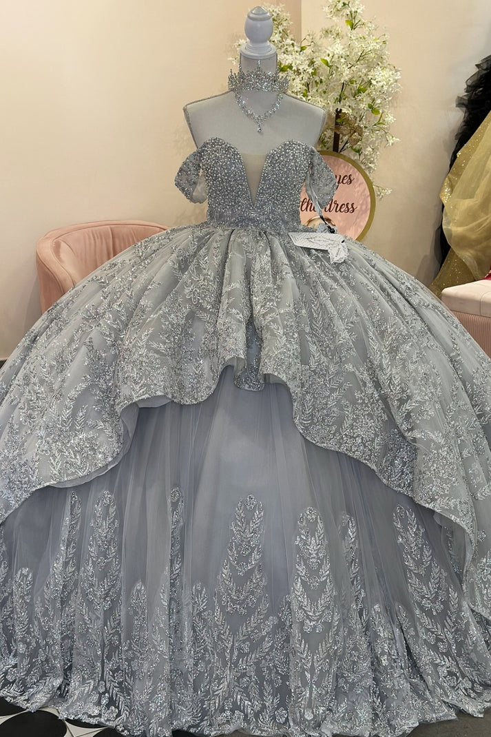 Off Shoulder Sleeveless Beaded Appliques Ruffles Silver Sweet 15 Quinceañera Dress